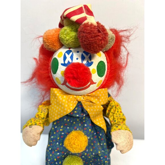 Vintage Paper Mache Face 11” Boy Clown With Red Hair Pom Pom On Wood Stand - Picture 2 of 5